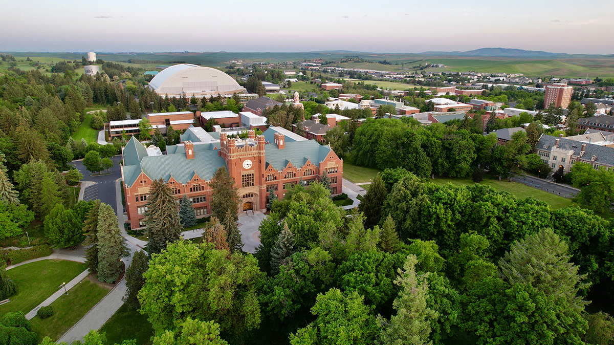 Drone aerial footage of the University of Idaho's admin building.