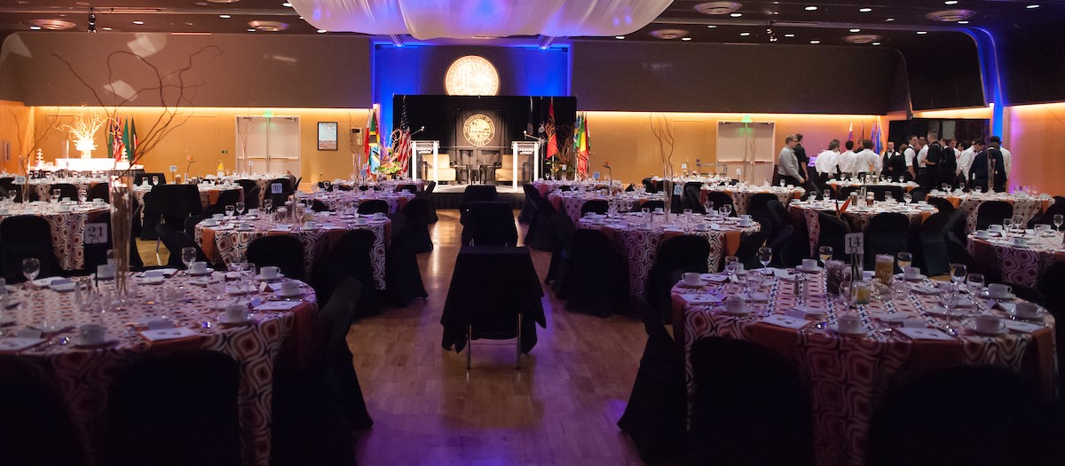 Empty ballroom prepared for an event.